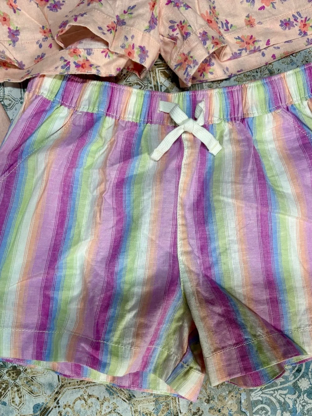 OshKosh B'gosh Peach Top with Peach Floral and Pastel Striped Shorts Set